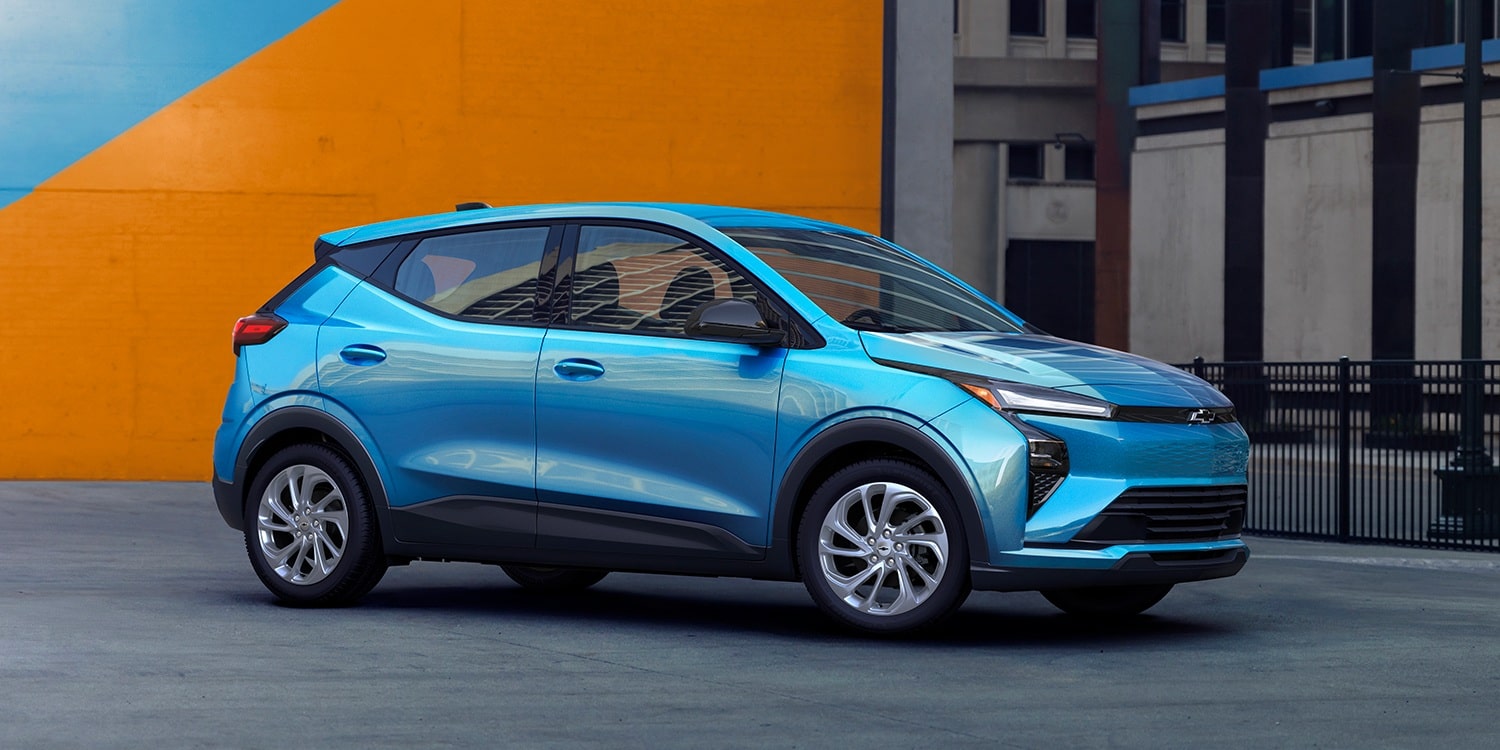 The Side View of a Blue 2027 Chevrolet Bolt