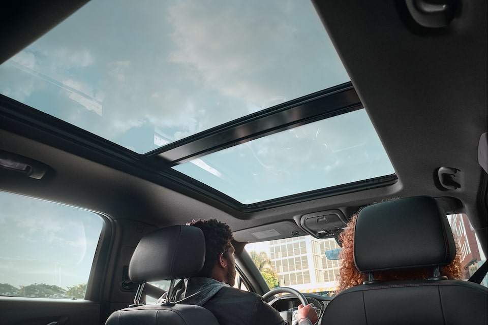 View of the moonroof in a 2024 Chevrolet Blazer sporty mid-size SUV.