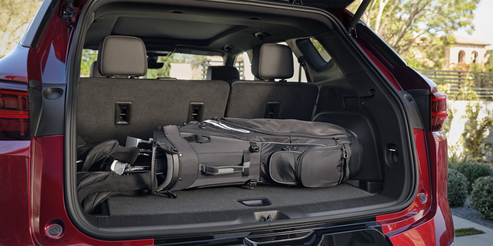 Closeup of the trunk and available space in the 2024 Chevrolet Blazer sporty mid-size SUV.