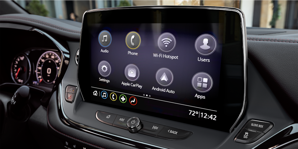 Closeup of infotainment system in the 2024 Chevrolet Blazer sporty mid-size SUV.