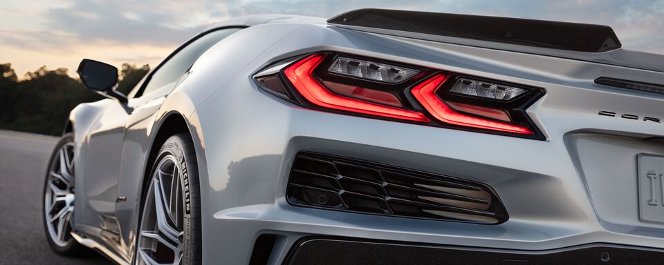 Rear view of the 2023 Corvette Z06 featuring the tail lights.