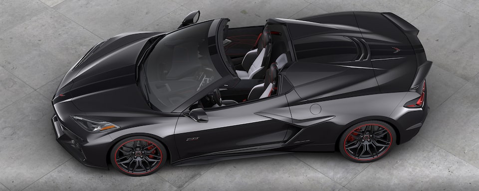 Top view of the 2023 Chevrolet Corvette Z06 Carbon Flash Metallic with available Satin Black stripes.
