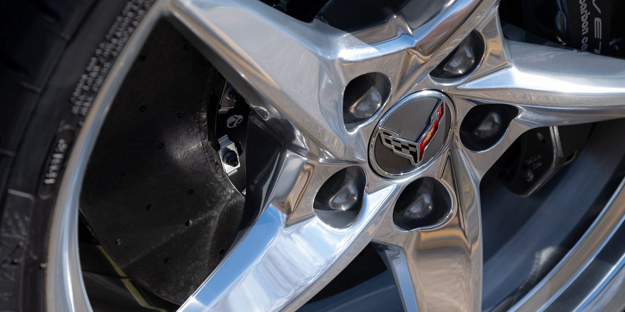 Close-Up of the 2024 Chevrolet Corvette E-Ray wheel rims with Corvette logo.