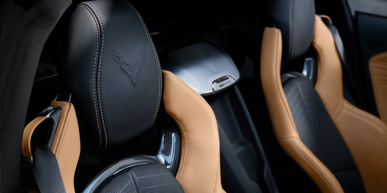 2024 Chevrolet Corvette E-Ray interior seating headrests with the Corvette logo.