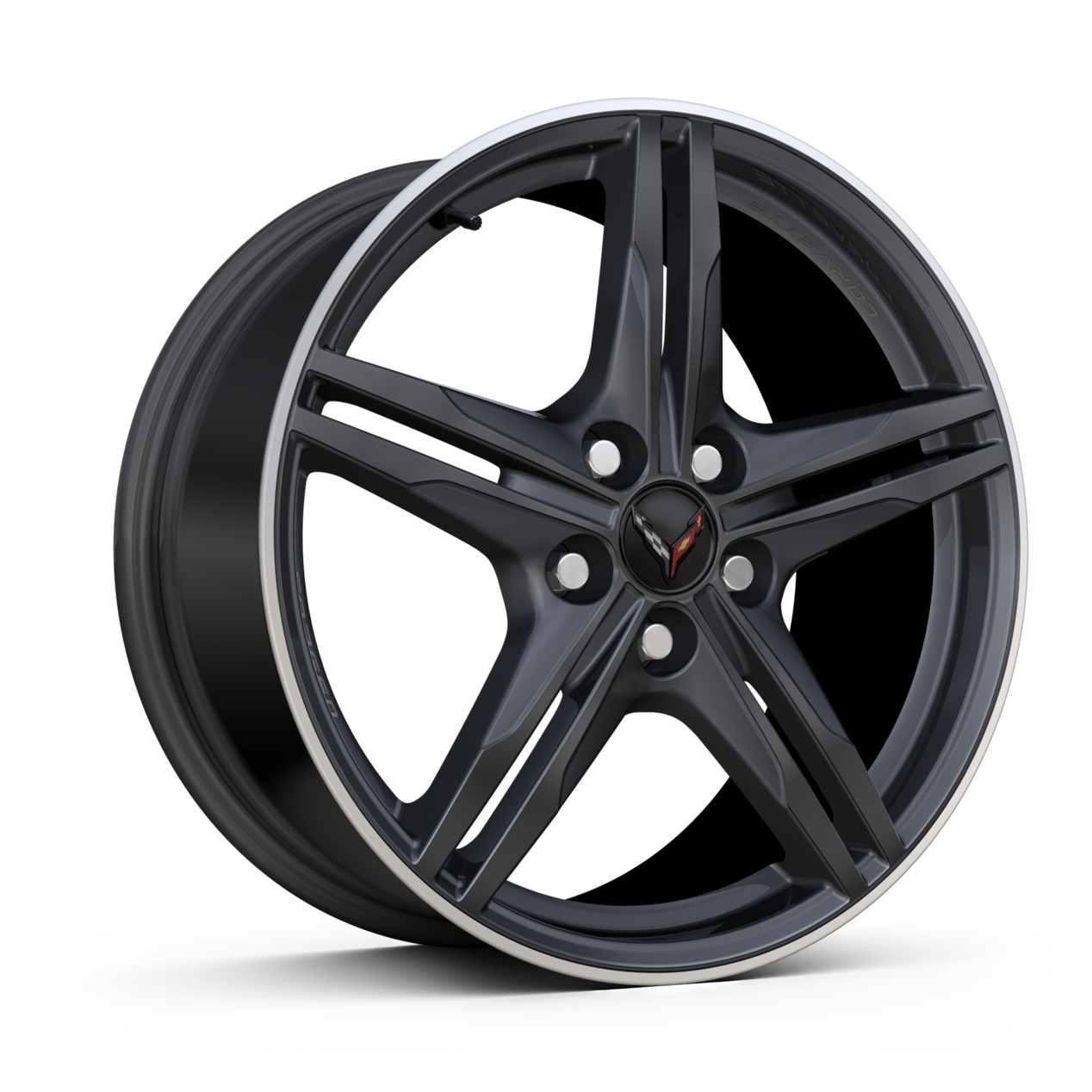 19-inch front/20-inch rear 5-split-spoke Satin Graphite-forged aluminum wheels of the 2024 Chevrolet Corvette.