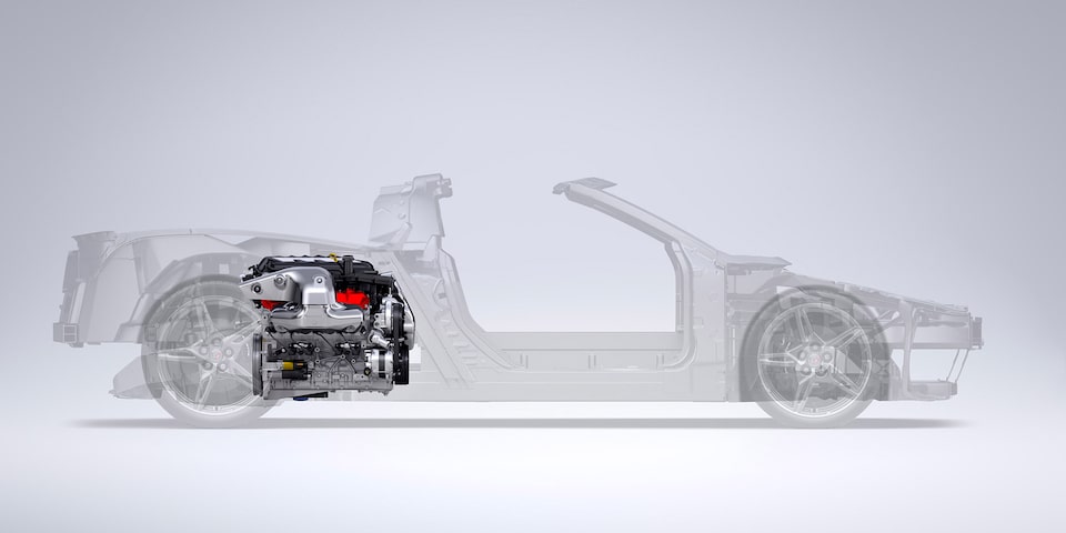 Le châssis et le moteur de la voiture sport à moteur central Chevrolet Corvette Stingray 2024.