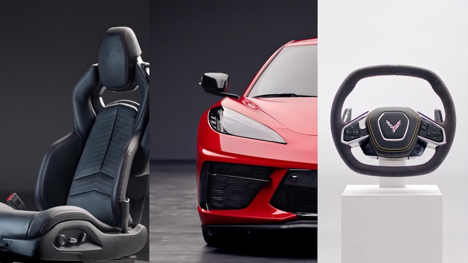 A 2025 Chevrolet Corvette Stingray with a leather seat on the left and steering wheel on the right.