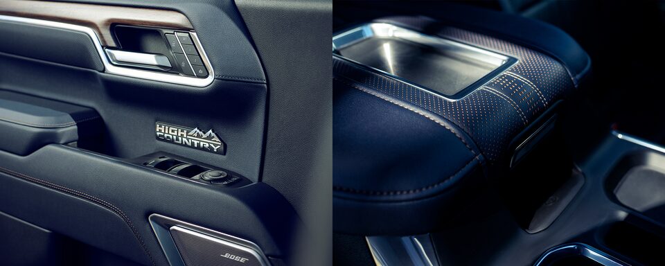 Close-up view of Centre console and interior door handle of the 2022 Silverado 1500 High Country.