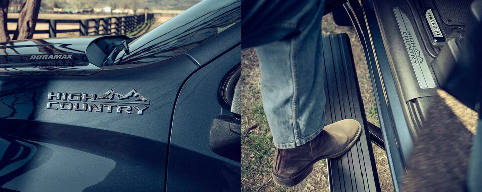 Close-up of Duramax and High Country logo on hood and the Running Board of the 2022 Silverado.