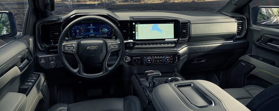 Front interior of the 2022 Chevrolet Silverado 1500 pickup truck.