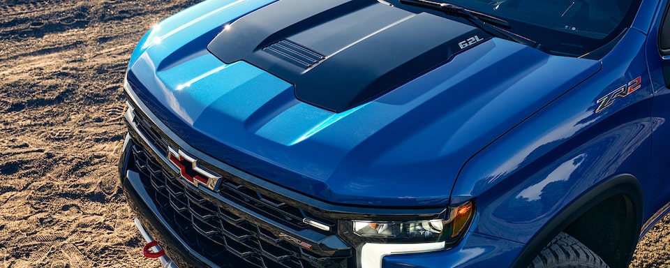 2022 Chevrolet Silverado 1500 ZR2 pickup truck hood view.