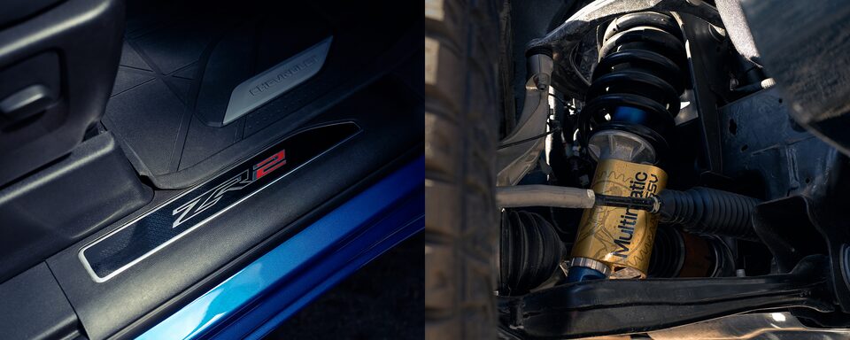 Vue rapprochée du Logo ZR2 avec la suspension derrière les freins avant.