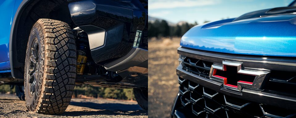 Vue rapprochée d’un pneu et de la calandre du Chevrolet Silverado 1500 2022.