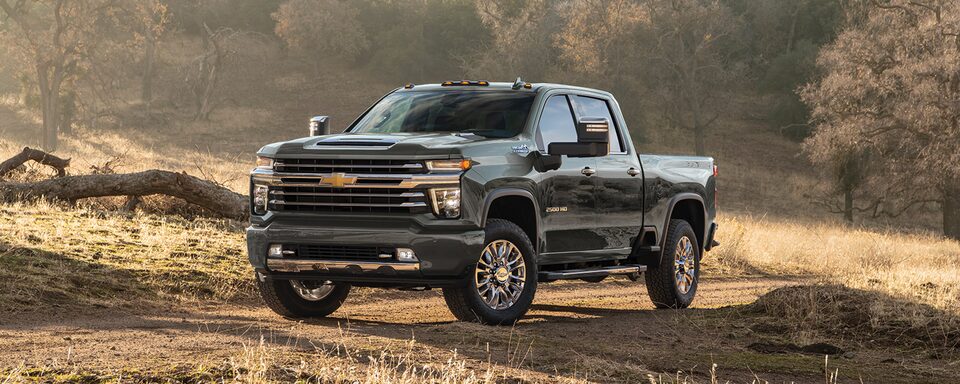 Chevrolet Silverado HD 2023 stationné dans une vue panoramique montagneuse.