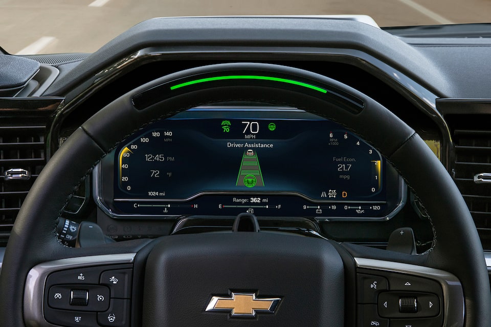 Driver's perspective of the hands-free Super Cruise technology on the 2024 Chevrolet Silverado High Country.