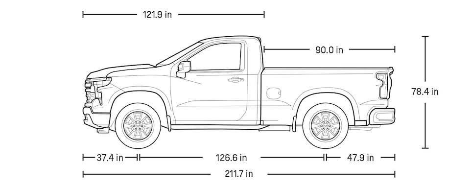 Regular Cab dimensions of a Chevrolet Silverado.