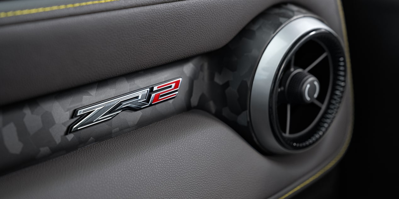 Close-up view of the Interior ZR2 Badging of a Chevrolet ZR2 off-road truck.