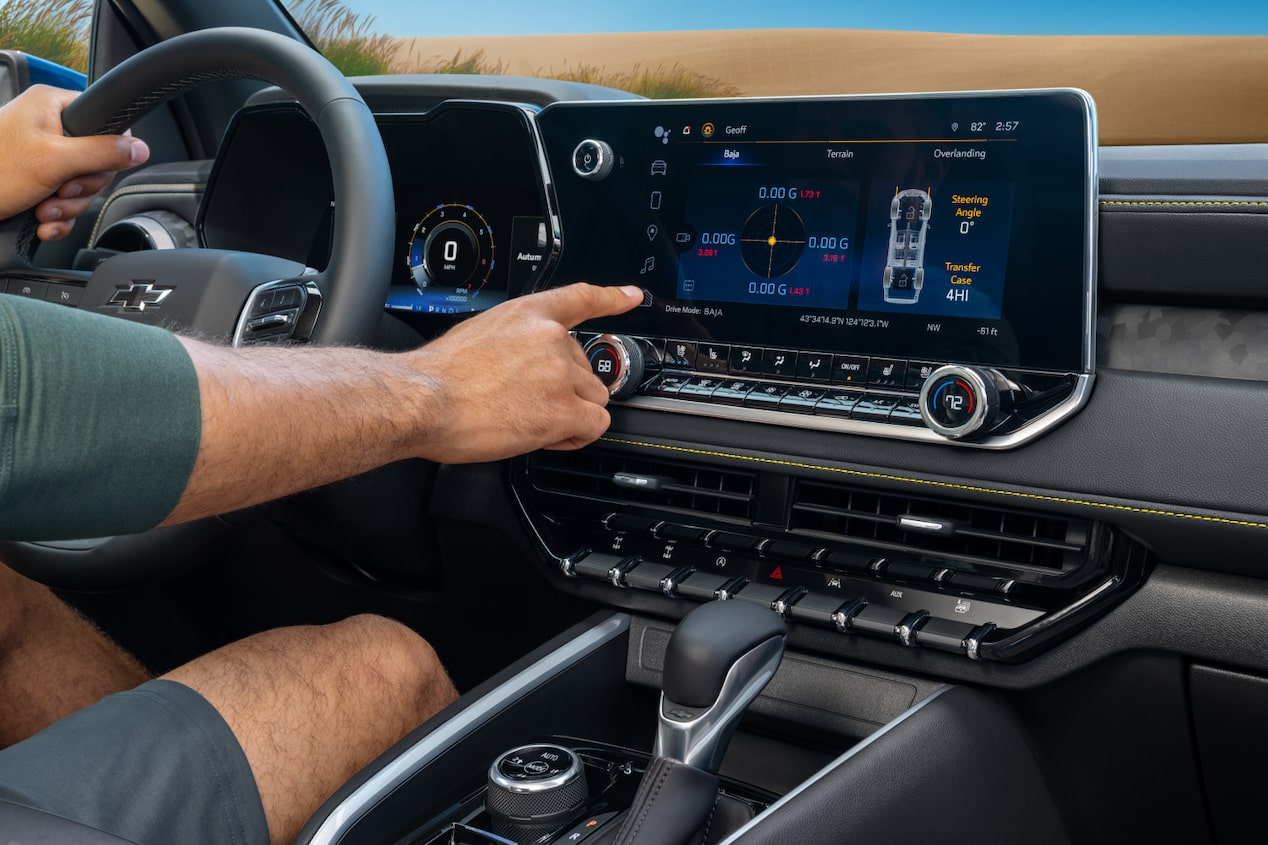Front passenger's view of the Interiors of the Chevrolet Colorado ZR2 off-road truck.