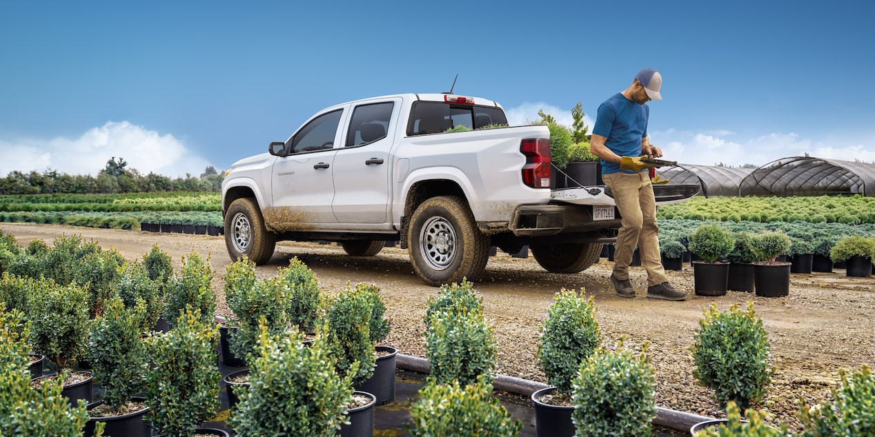 A man leaning on the truck bed of a 2025 Chevrolet Commercial Colorado parked at a landscaping nursery.