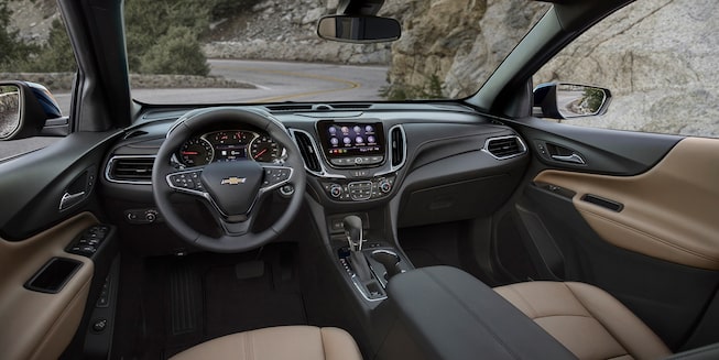 2022 Chevrolet Equinox Compact SUV: Wide Shot of Front Seats, Steering Wheel & Infotainment System.