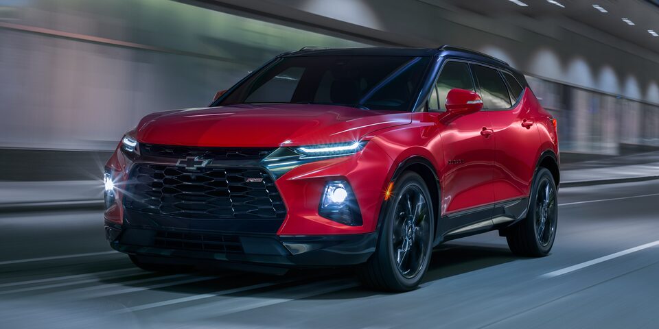 2022 Chevrolet Blazer sporty mid-size SUV front side exterior view.