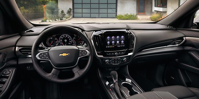 2022 Chevrolet Traverse Mid-Size SUV Interior Front Seat Dashboard and Infotainment View.