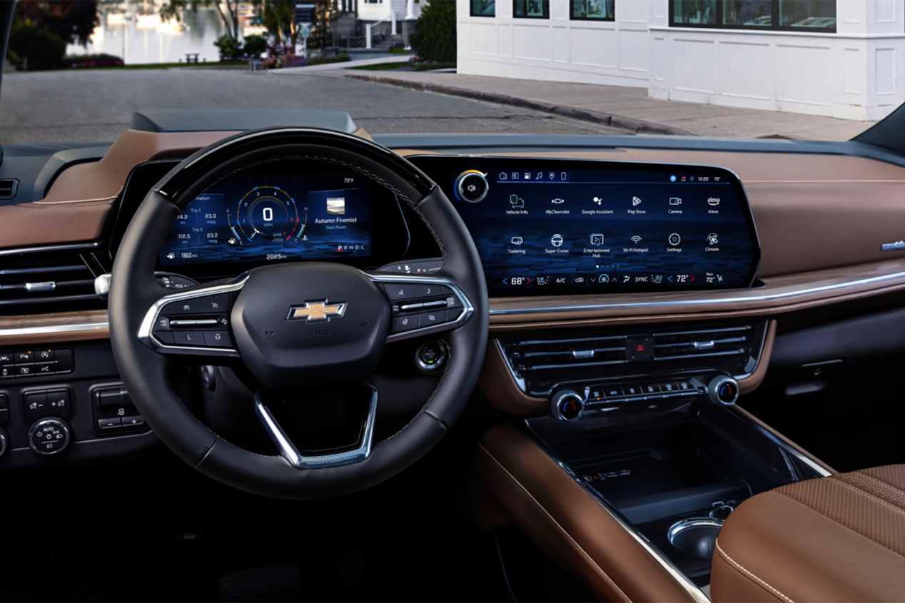 Driver's view of the front interiors in the 2025 Chevrolet Suburban SUV.