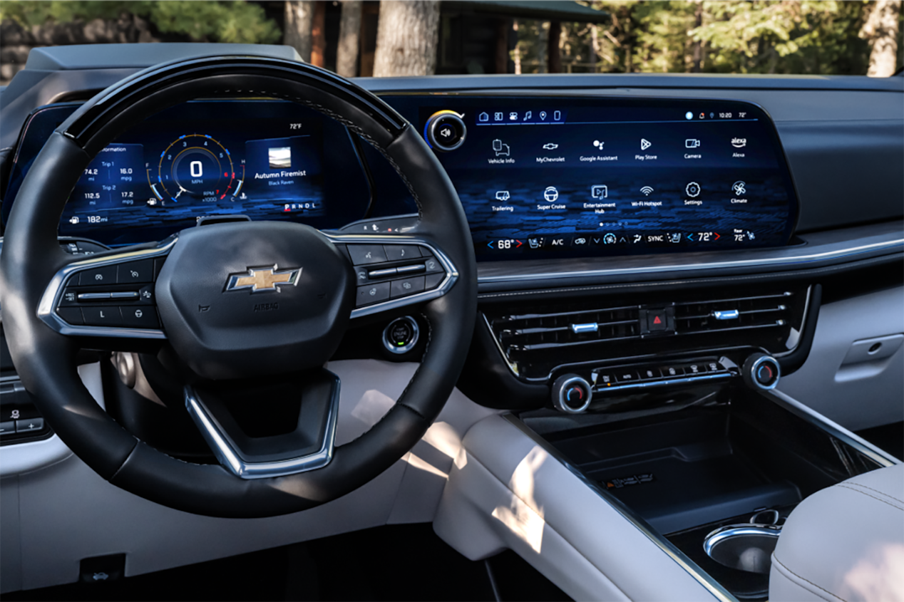 Driver's view of the 2025 Chevrolet Tahoe SUV's Steering Wheel and Infotainment System.