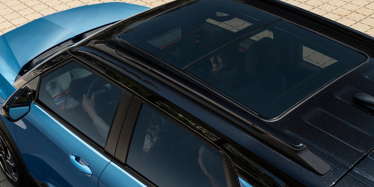 Exterior view of the panoramic sunroof of the 2026 Chevrolet Trailblazer.