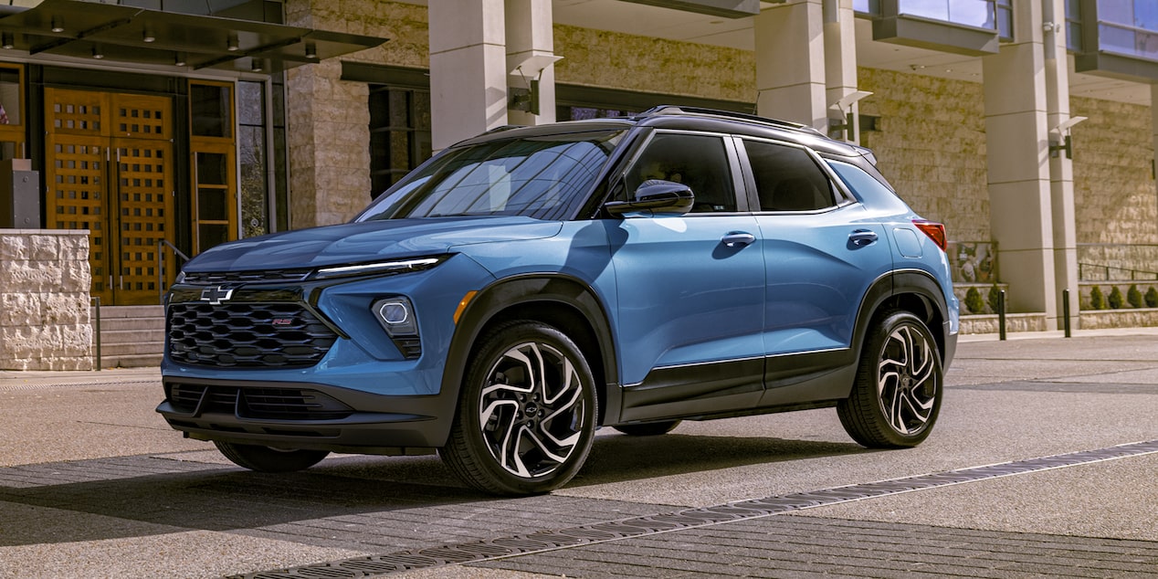 Front-side view of the 2026 Chevrolet Trailblazer RS Trim driving alone in the city.