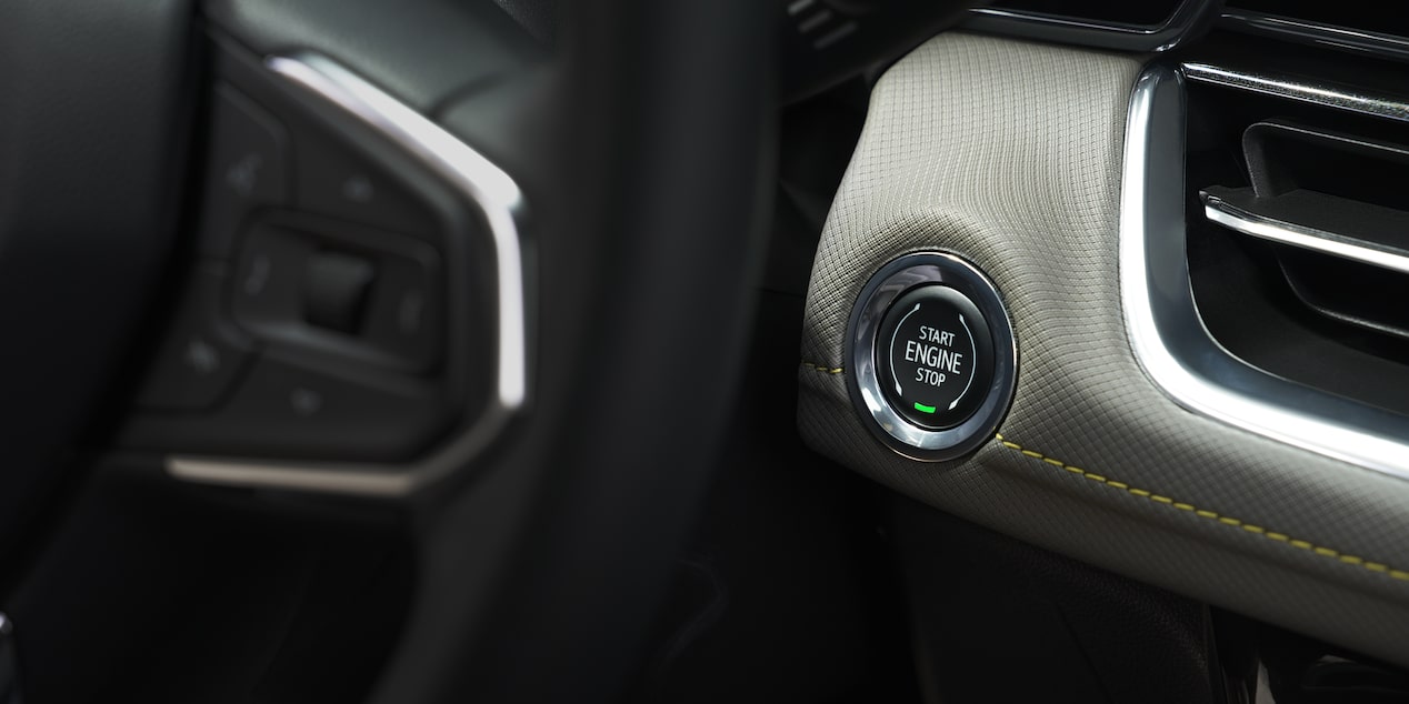 Close up view of the keyless start button inside the 2026 Chevrolet Trailblazer ACTIV trim.