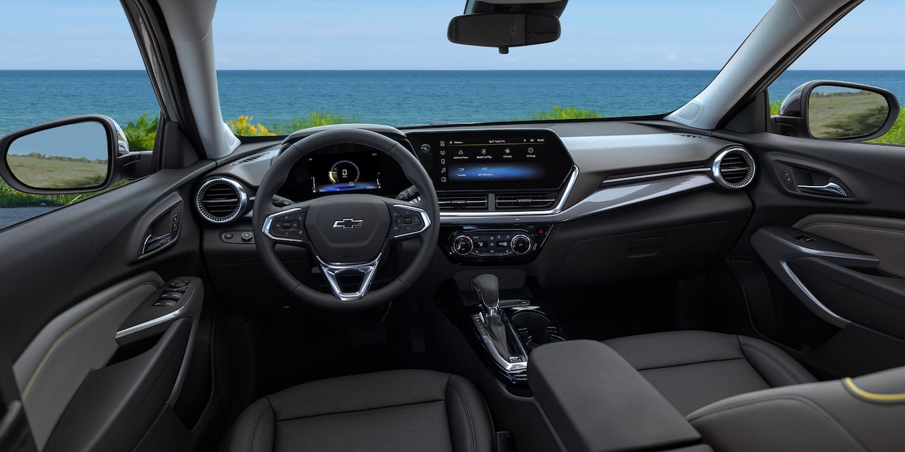 Driver's view of the interiors of the 2026 Chevrolet Trax.