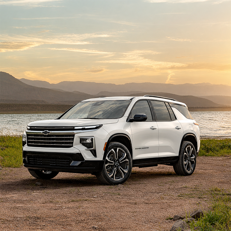 A 2027 Chevrolet Traverse High Country in Polar White Tricoat parked by the lakeside.