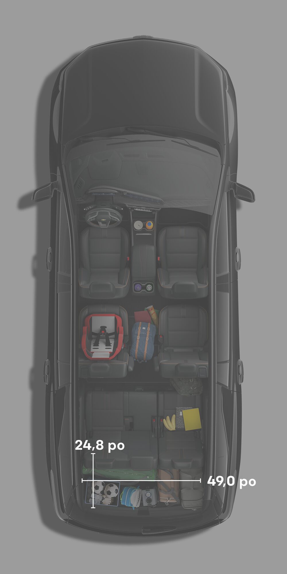Du matériel lié à l’école est entreposé à l’intérieur de la Chevrolet Traverse 2027 avec un superposé.