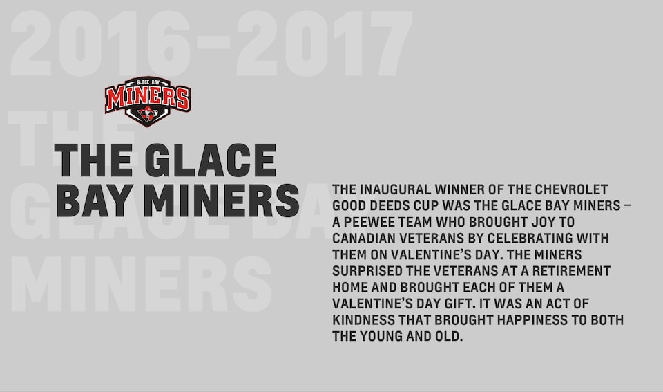 The inaugural winner of the Chevrolet Good Deeds Cup was the Glace Bay Miners – a Peewee team who brought joy to Canadian veterans by celebrating with them on Valentine’s Day. The Miners surprised the veterans at a retirement home and brought each of them a Valentine’s day gift. It was an act of kindness that brought happiness to both the young and old.