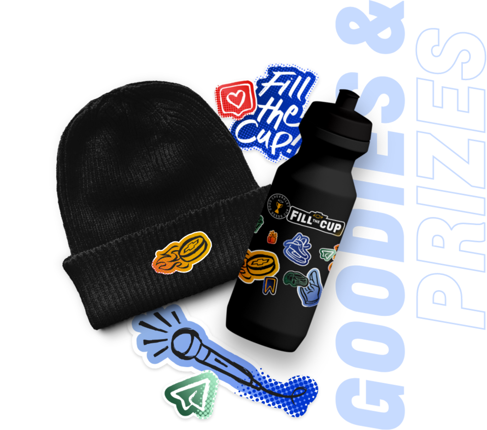 2023 Chevrolet Good Deeds Cup Infographic and Button: Goodies and Prizes.