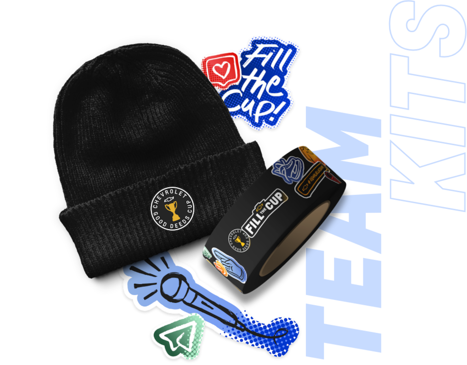 2023 Chevrolet Good Deeds Cup Infographic and Button: Goodies and Prizes.