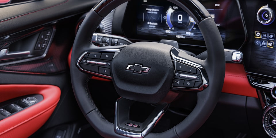 Close-up view of the steering wheel on the 2025 Chevrolet Blazer EV.