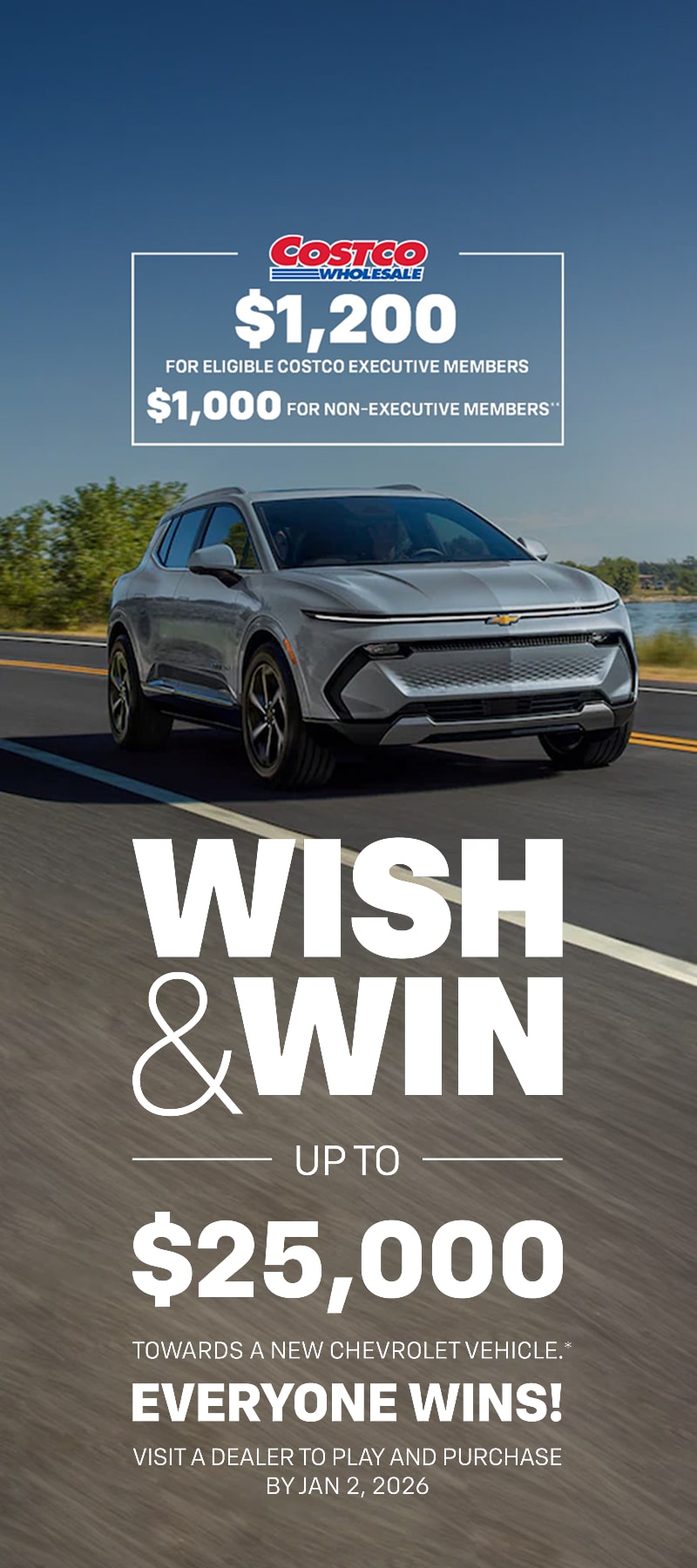 Front-side view of a 2025 Chevrolet Equinox EV driving down the road.