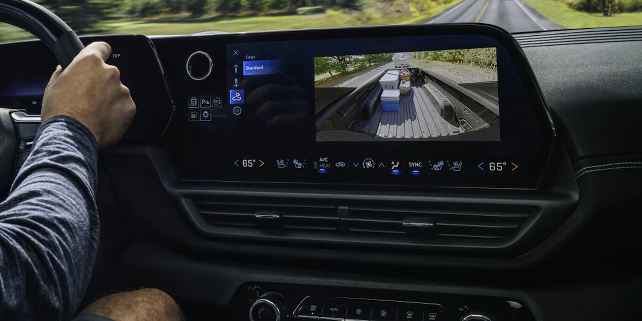 Infotainment screen inside the 2026 Chevrolet Silverado EV showing a camera view.