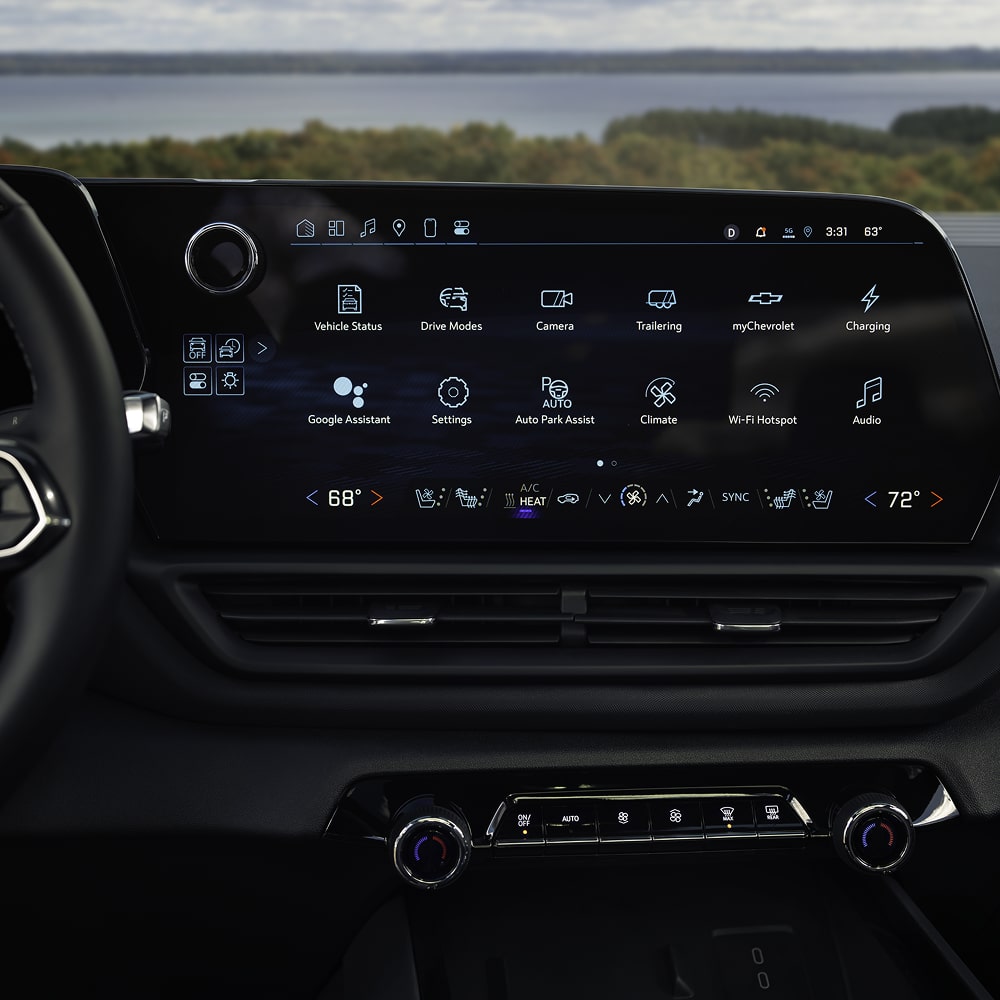 Close-up view of the infotainment screen of the 2026 Chevrolet Silverado EV.