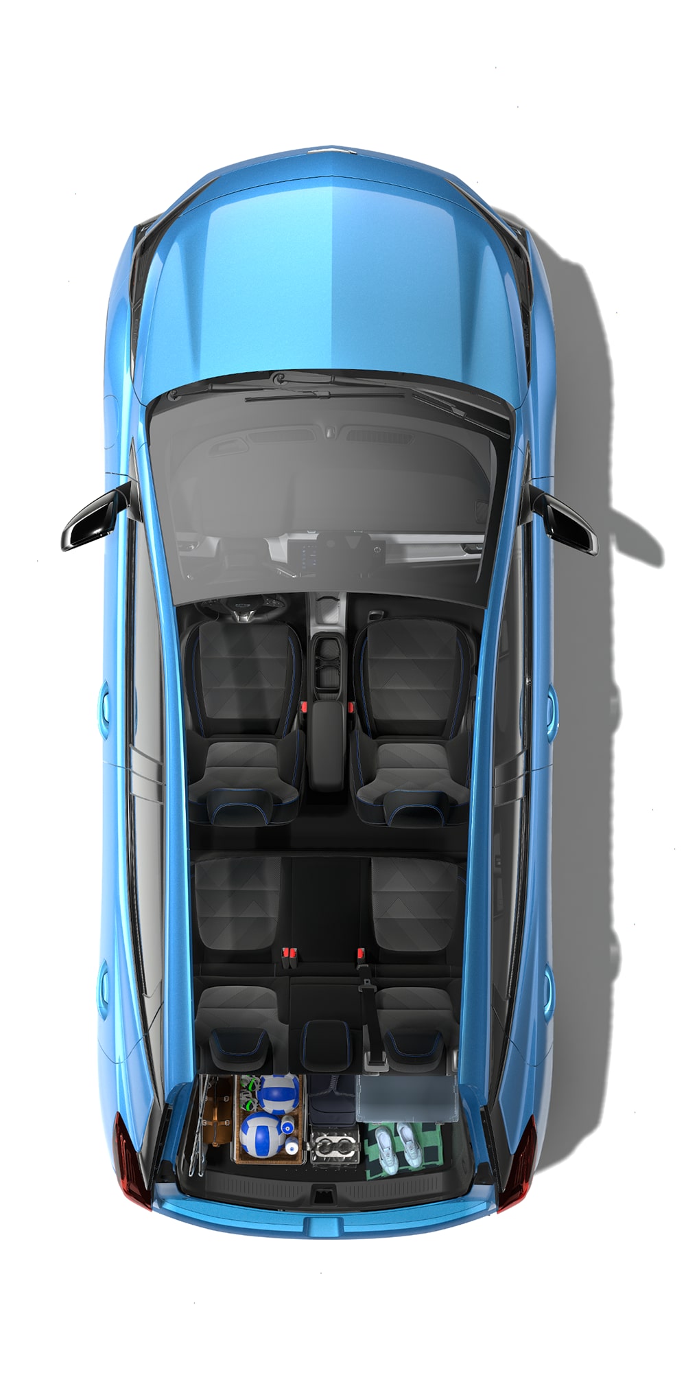 Bird’s-eye view of a 2027 Chevrolet Bolt RS in blue