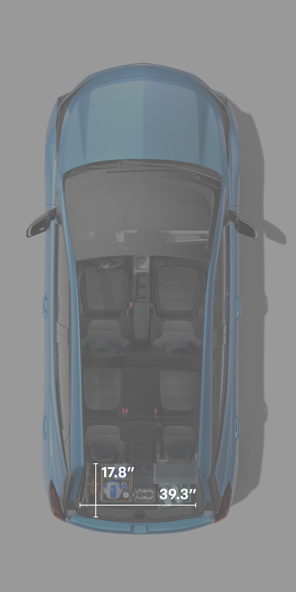 Bird’s-eye view of a 2027 Chevrolet Bolt RS in blue with an overlay