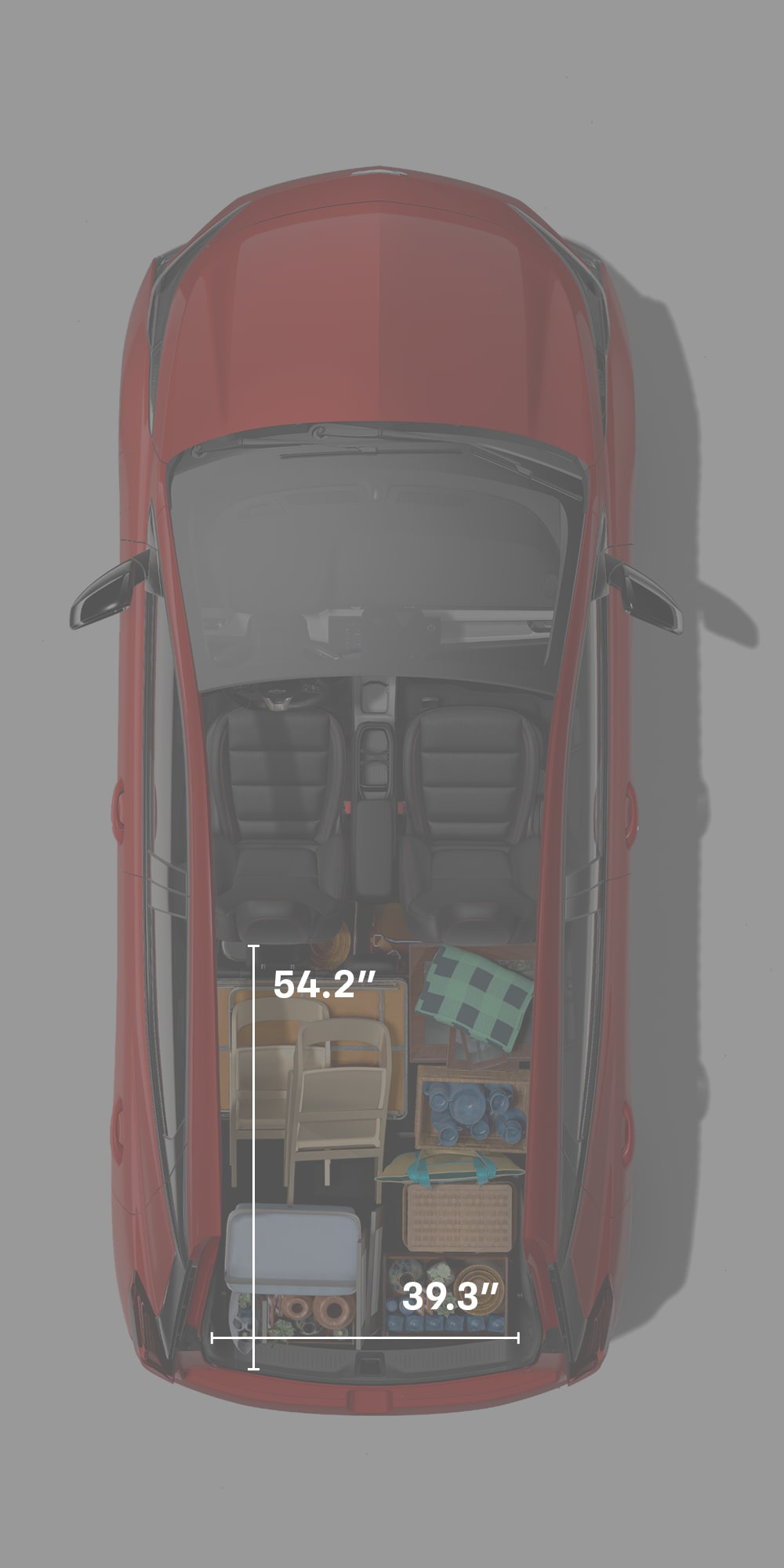 Bird’s-eye view of a 2027 Chevrolet Bolt RS in Habanero with an overlay