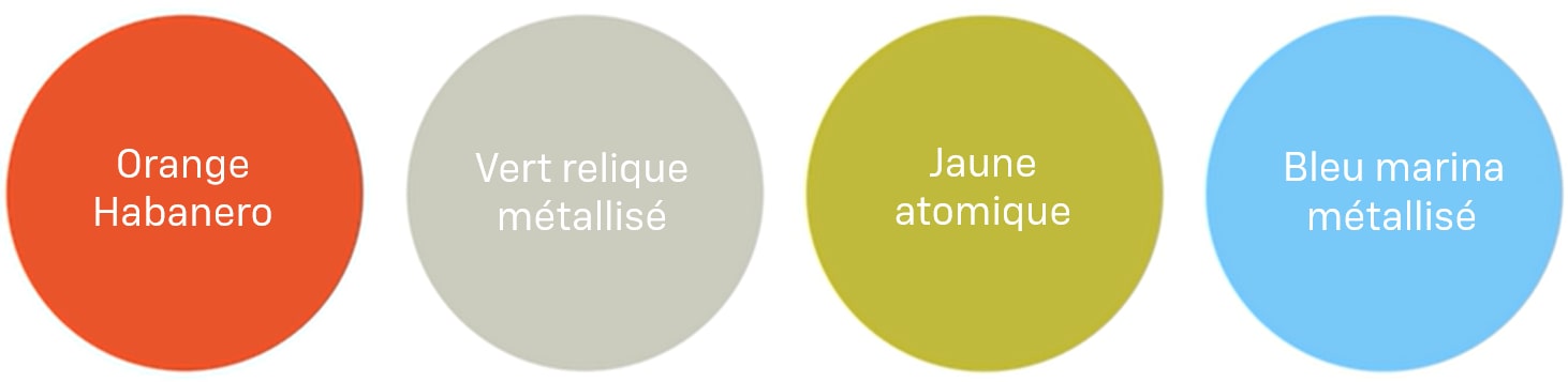 Une grille de quatre échantillons de couleurs pour la Chevrolet Bolt 2027, de gauche à droite.