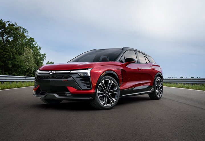 Exterior front driver side view of the 2024 Blazer EV.