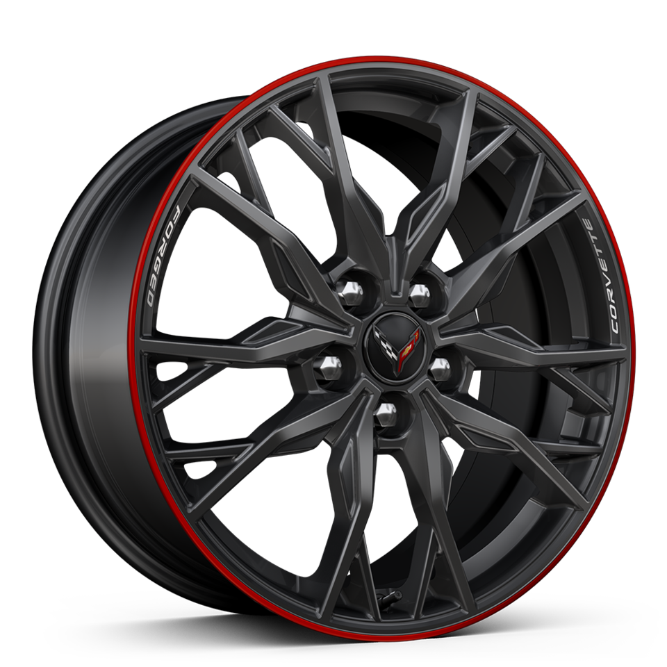 Roues en aluminium forgé peint carbone éclair avec bande rouge.