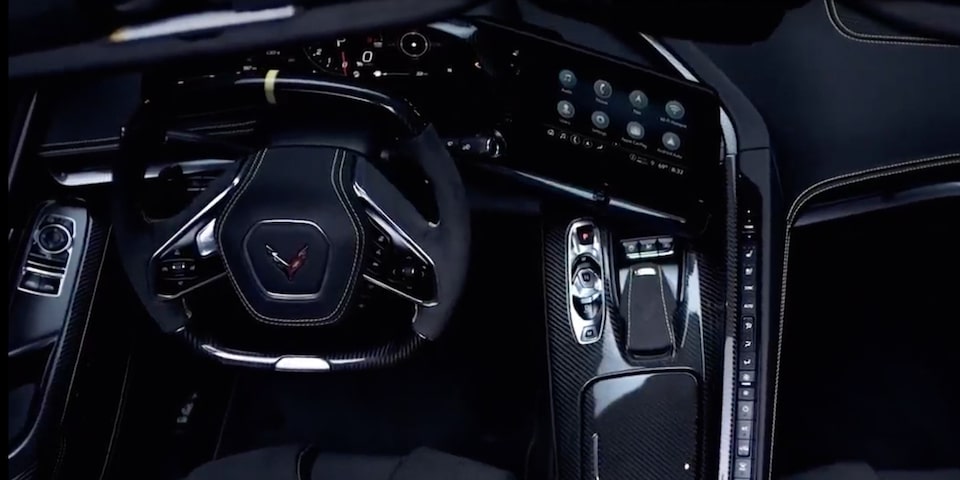 Driver's perspective on the steering wheel of the Chevrolet Corvette Z06.