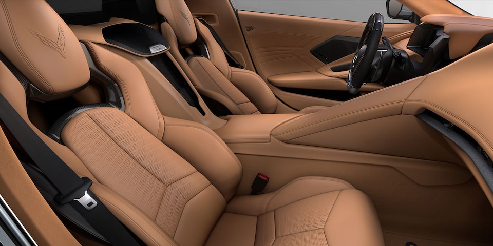 The beige jet-like cockpit of the Corvette Z06.