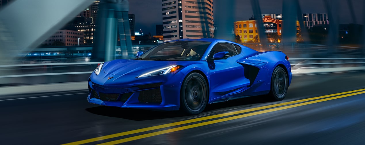 View of a 2025 Blue Chevrolet Corvette E-Ray.